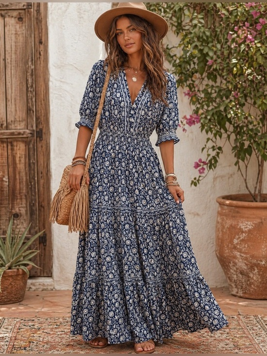 Max Studio Dresses & Skirts - Max Studio Navy and White Floral Smocked Maxi Dress XL
